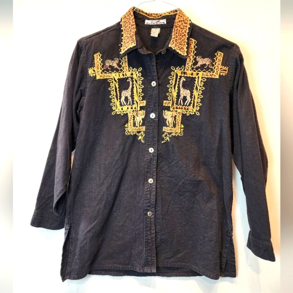 Vintage Black Denim Safari Animal‎ Print Sbirt Elephants Giraffe Cheetah Size M